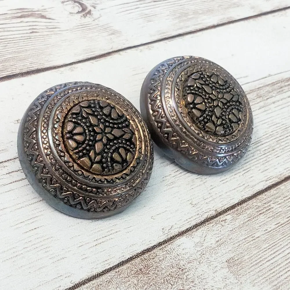 Vintage Clip On Earrings - Large and Ornate Patterned Domed Circle